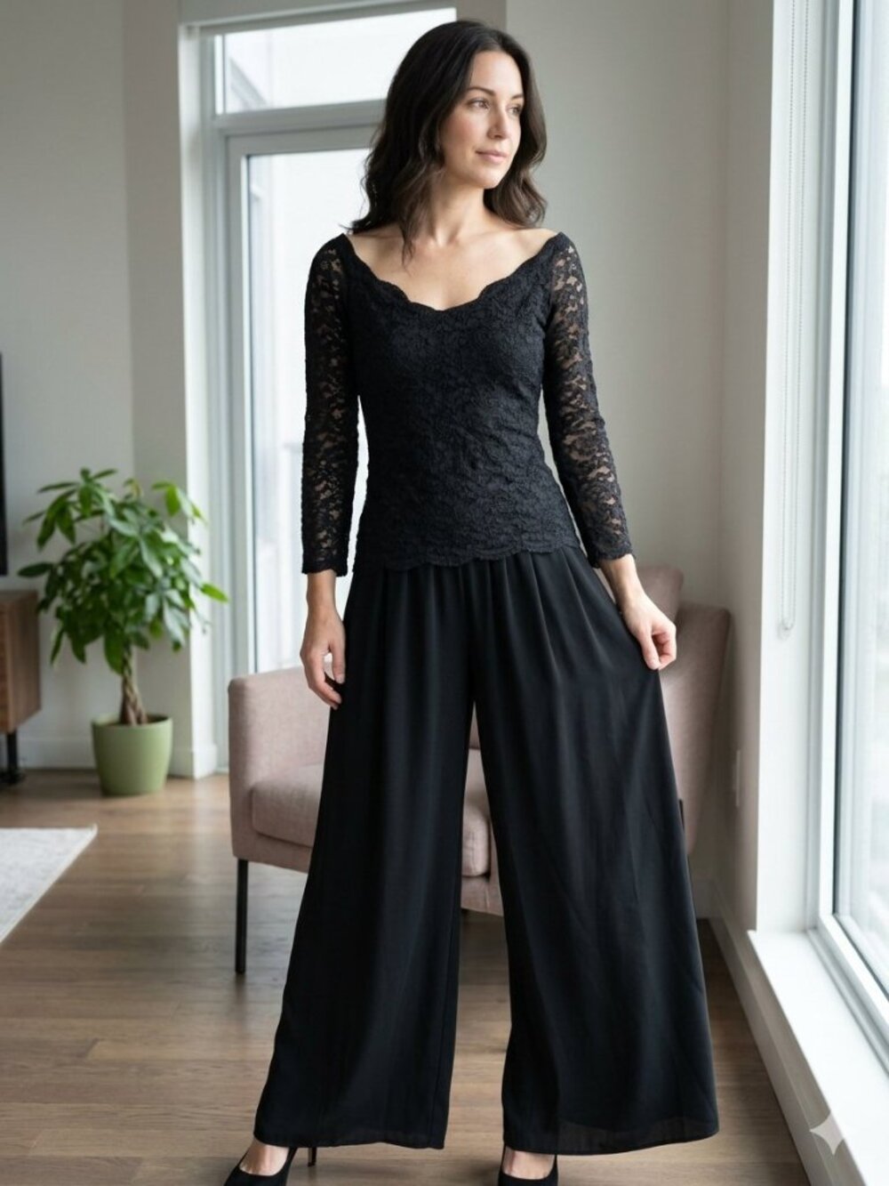 Vintage Beechers Brook Black Evening Jumpsuit Lace Sleeve Relaxed Wide Leg